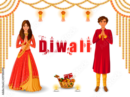 vector illustration of Indian family people celebrating Happy Diwali festival holiday of India