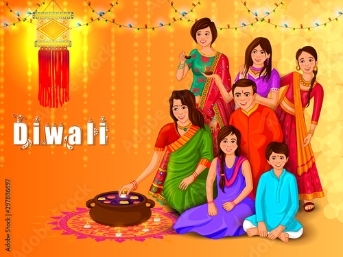 vector illustration of Indian family people celebrating Happy Diwali festival holiday of India