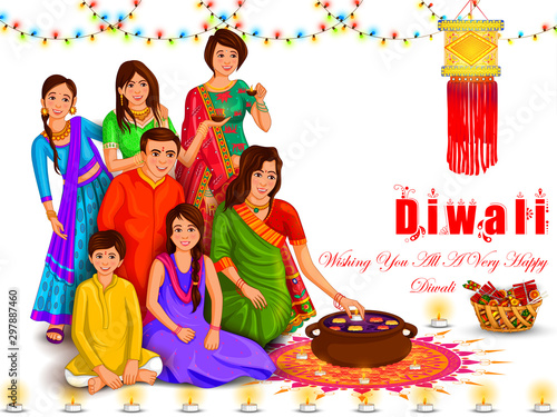 vector illustration of Indian family people celebrating Happy Diwali festival holiday of India