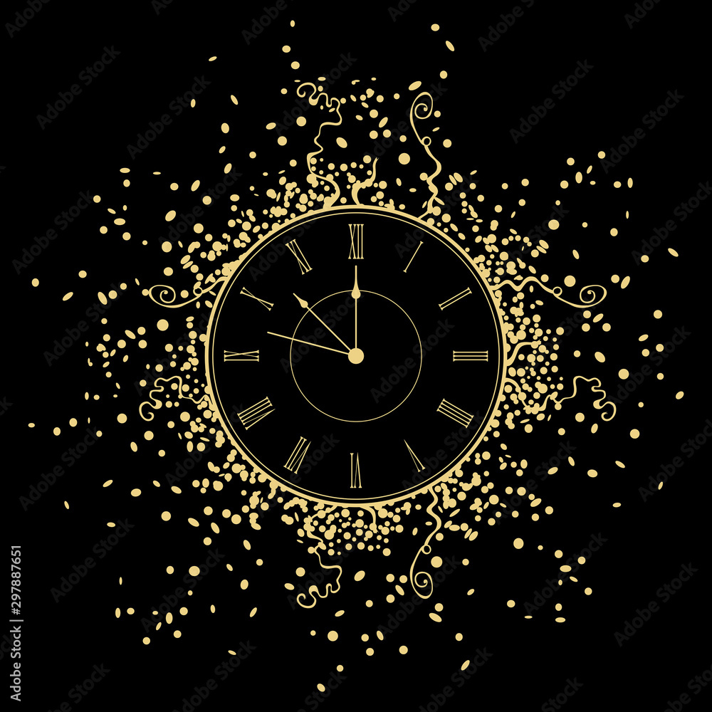 New Year gold Clock. isolated on black background - obrazy, fototapety, plakaty 