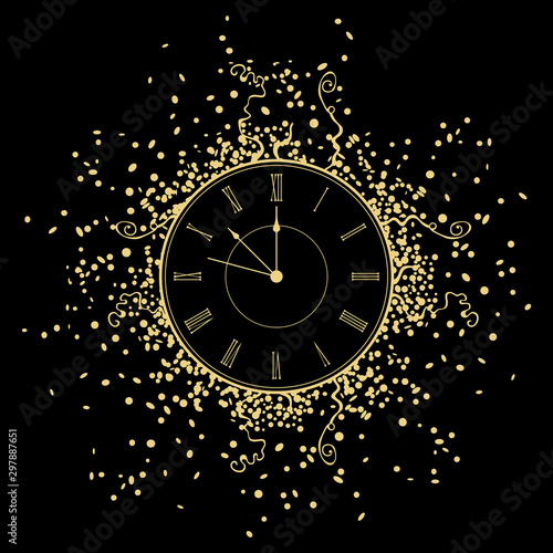 New Year gold Clock. isolated on black background