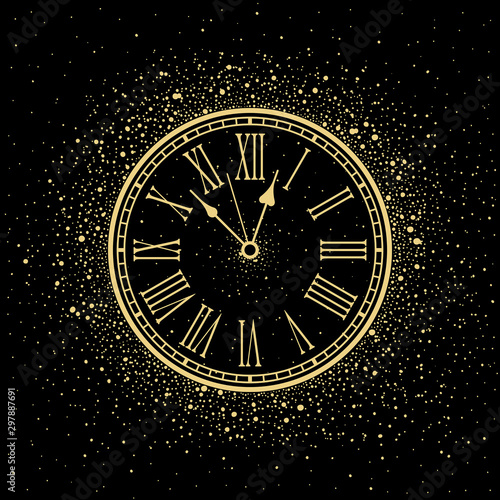 New Year gold Clock. isolated on black background
