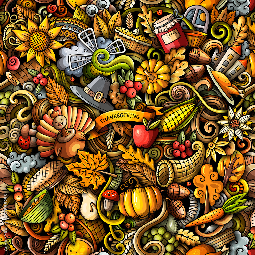 Cartoon cute doodles hand drawn Happy Thanksgiving seamless pattern