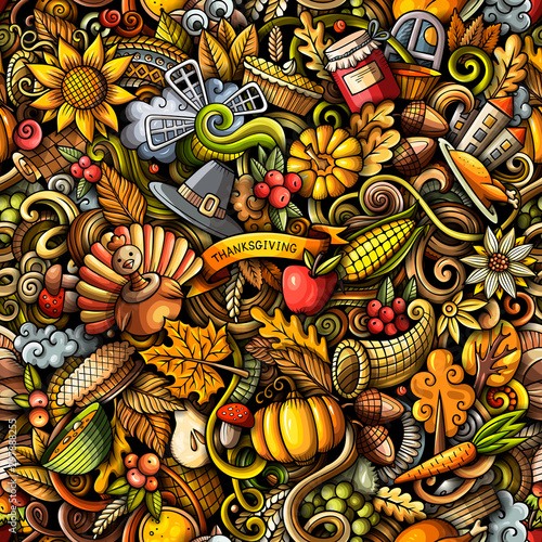 Cartoon cute doodles hand drawn Happy Thanksgiving seamless pattern
