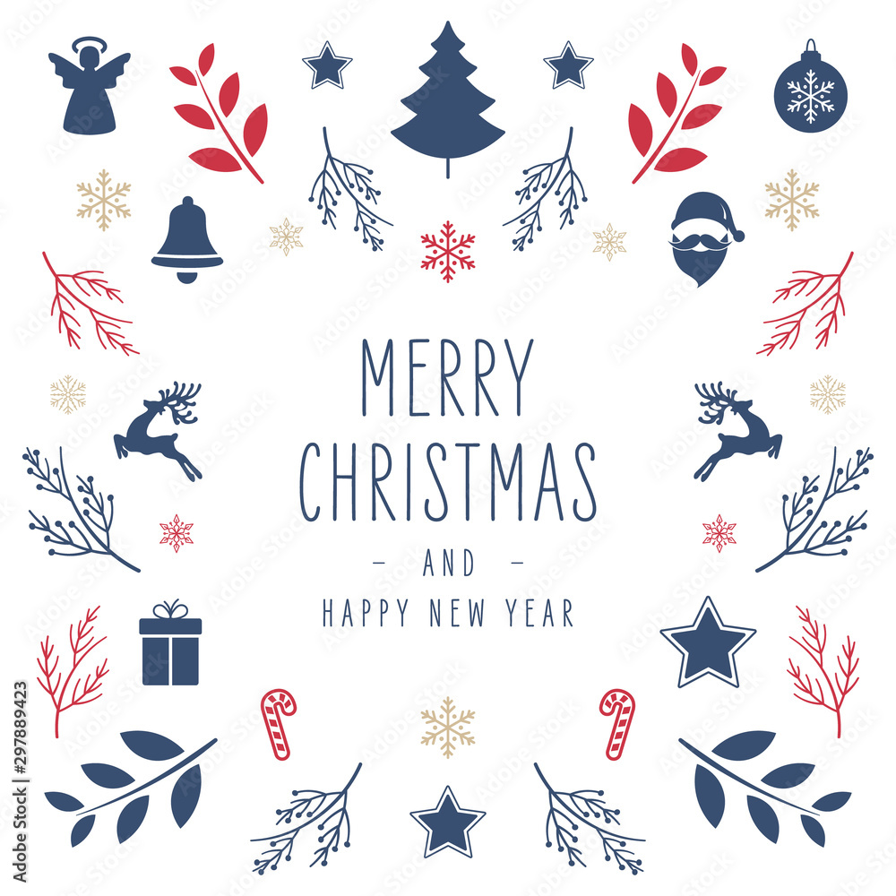 Christmas icon elements border square card with greeting text isolated white background. - obrazy, fototapety, plakaty 