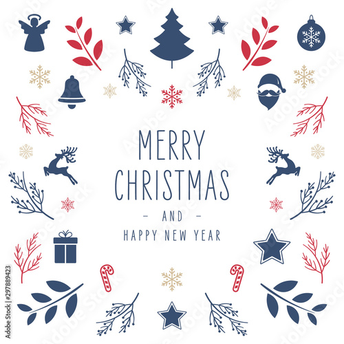 Christmas icon elements border square card with greeting text isolated white background.