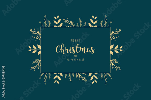 Merry Christmas modern elegant card with frame banner greetings and golden fir pine branches on green background