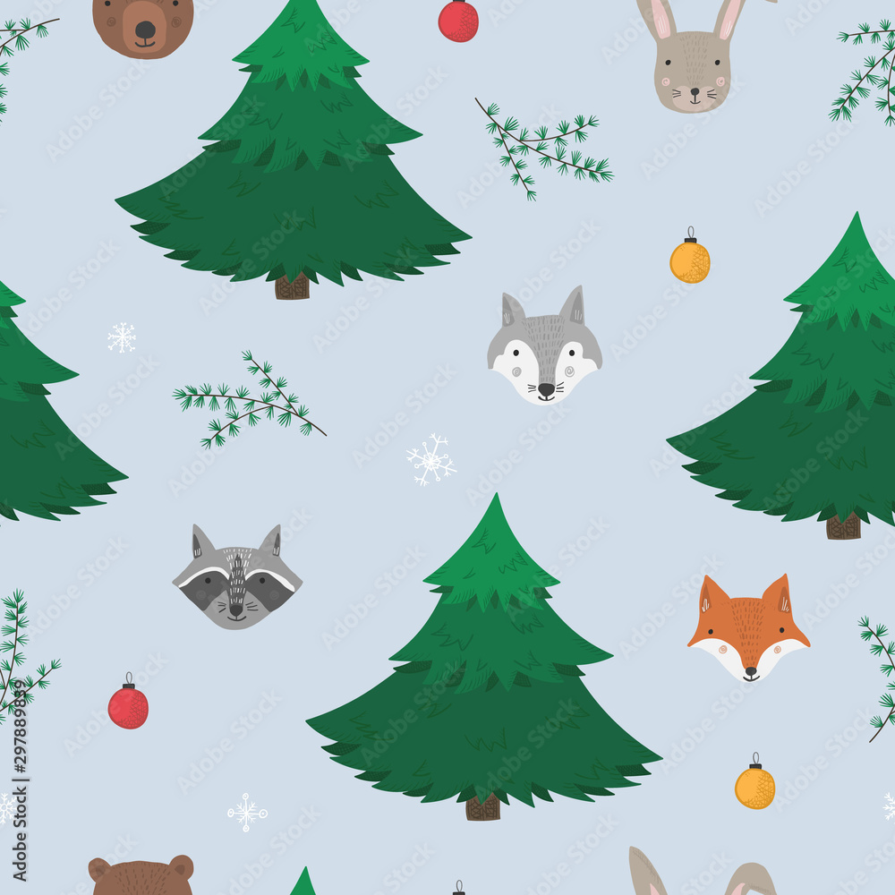 Cute woodland seamless pattern with cartoon forest animals, fir trees and snowflakes. Funny hand drawn bear, fox,wolf and raccoon texture for kids design, wallpaper, textile, wrapping paper Cute woodland seamless pattern with cartoon forest animals, fir trees and snowflakes. Funny hand drawn bear, fox,wolf and raccoon texture for kids design, wallpaper, textile, wrapping paper