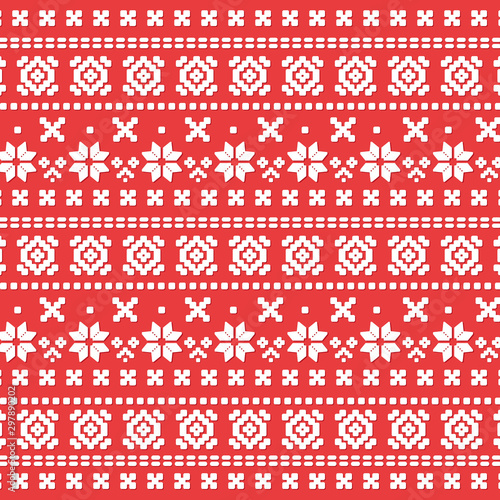 Christmas texture with geometric ornament. Bright Christmas wrapping paper in traditional red and white colors. Winter design elements. Happy Holiday borders. Vector illustration