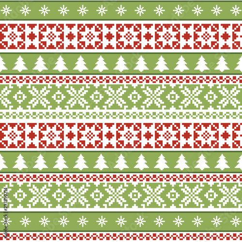 Christmas pattern with geometric ornament. Bright Christmas wrapping paper in traditional red and green colors. Happy Holiday borders. Winter design elements. Vector illustration