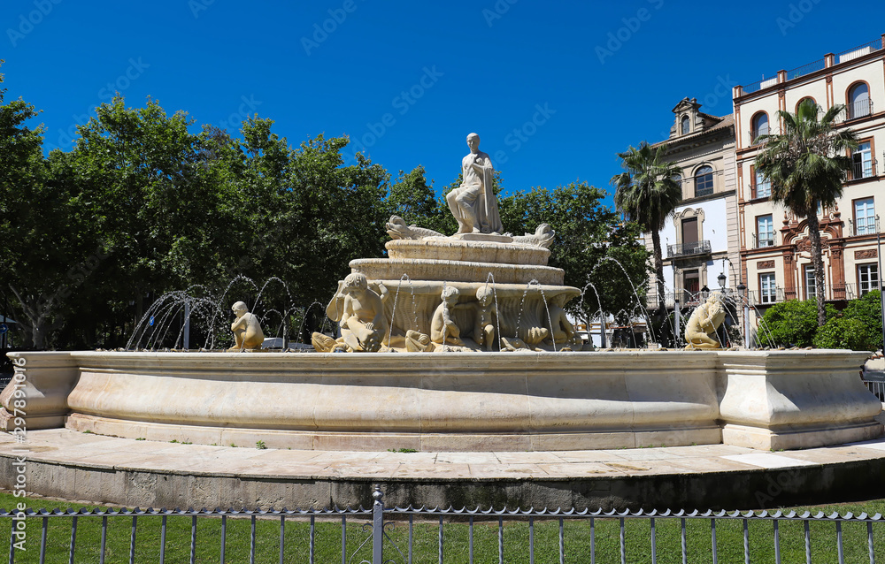 View of Hispalis Fountain, Puerta de Jerez, Seville, Spain.
