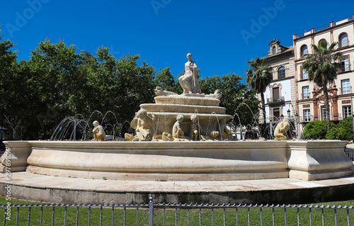 View of Hispalis Fountain, Puerta de Jerez, Seville, Spain.