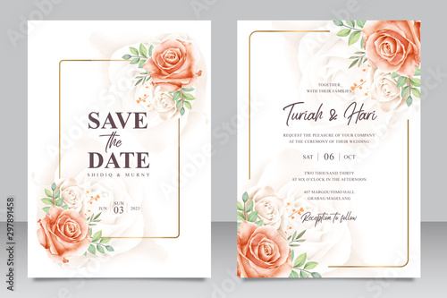 Beautiful floral wedding invitation card template with golden frame multi purpose