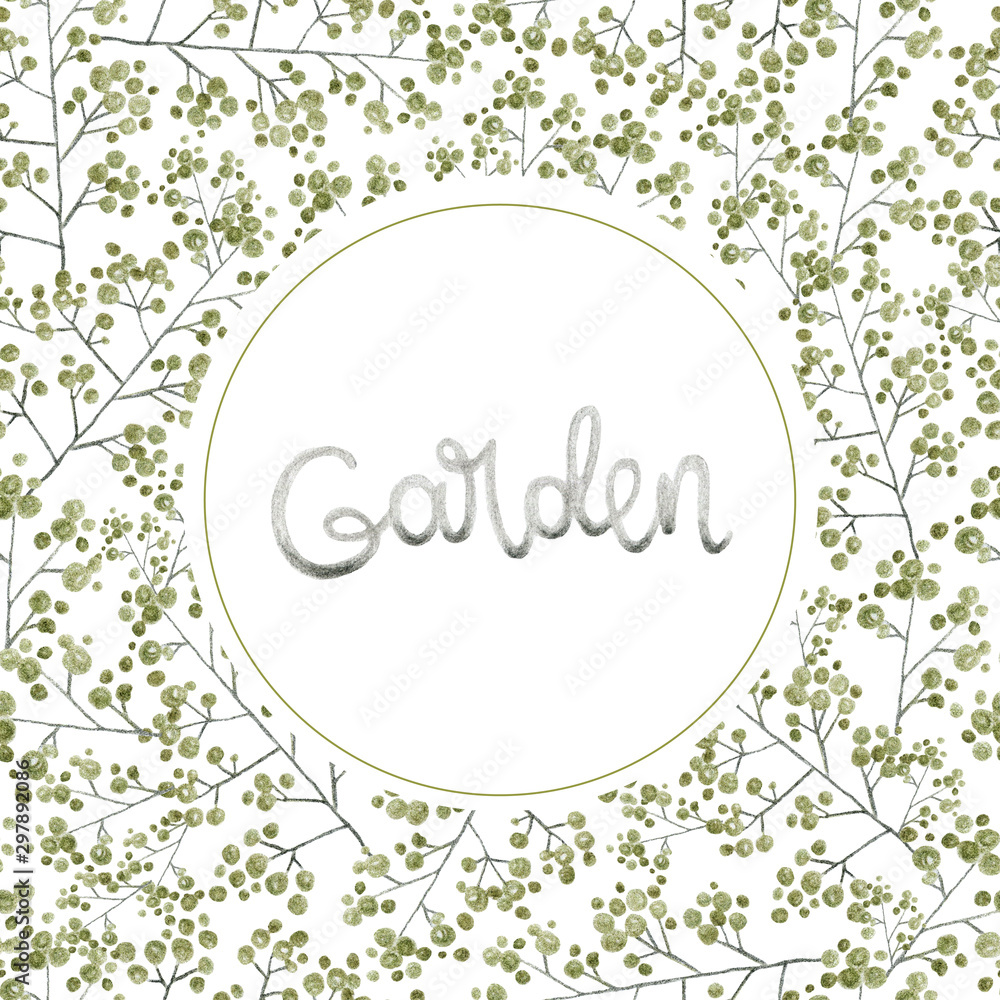 green and gray leaves branches and flowers, freehand drawing in pencil green and gray leaves branches and flowers, freehand drawing in pencil