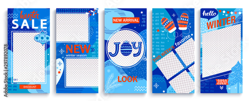 Set ot winter insta templates for stories, sales and news. Backgrounds for your design, for social media landing page, website, mobile app and poster, flyer, coupon, gift card. Vector illustration.