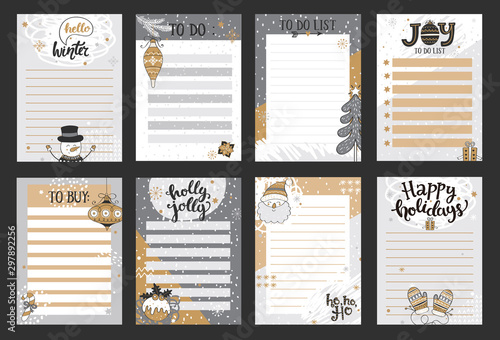Winter templates for notes, to do and buy lists.Organizer,planner,schedule for your design.Hand drawn blanks with santa, snowman, gifts, snowfall.Vector illustration.