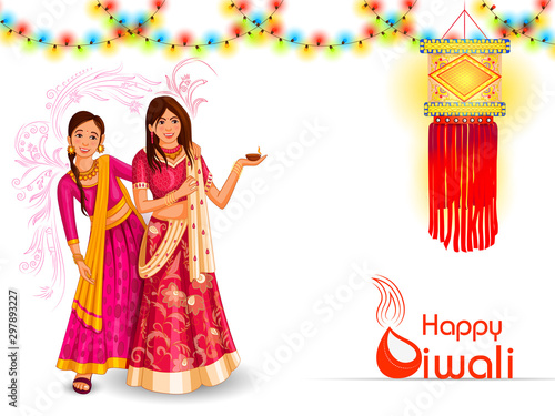 vector illustration of Indian family people celebrating Happy Diwali festival holiday of India