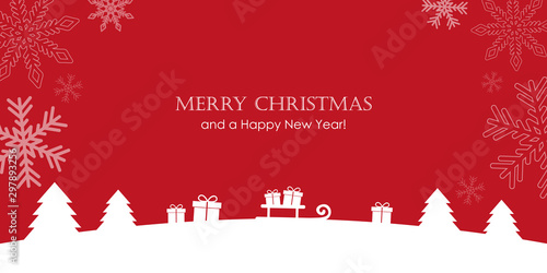 red christmas greeting card with firs gifts and snowfall vector illustration EPS10 © krissikunterbunt