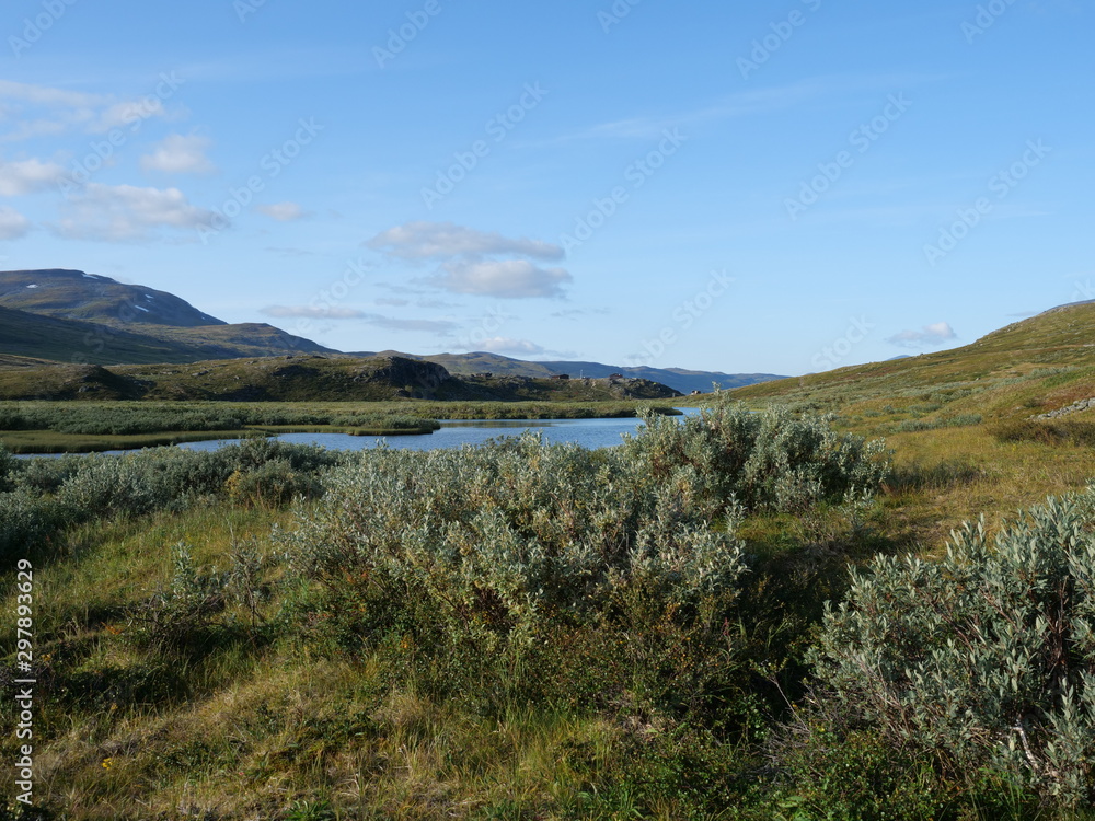 Fototapeta premium Lapland nature landscape with blue glacial river and Alesjaure STF Mountain cabin hut, birch tree forest, snow capped mountains and lonely red tent, Northern Sweden, at Kungsleden hiking trail. 