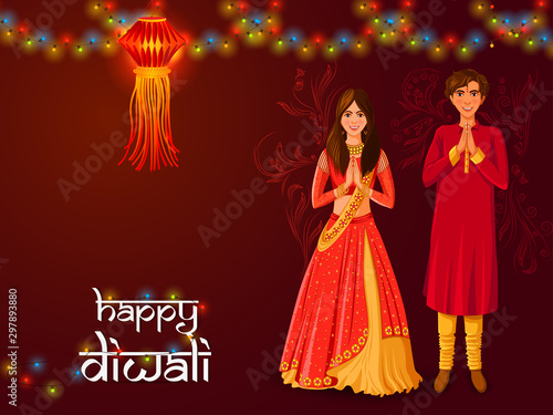 vector illustration of Indian family people celebrating Happy Diwali festival holiday of India