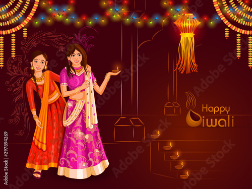vector illustration of Indian family people celebrating Happy Diwali festival holiday of India