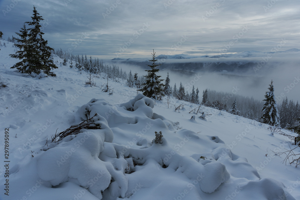 Obraz premium Magic winter fogs in Ukrainian Carpathians overlooking the snow-capped mountain peaks from the picturesque mountain valley with tourists in tents.