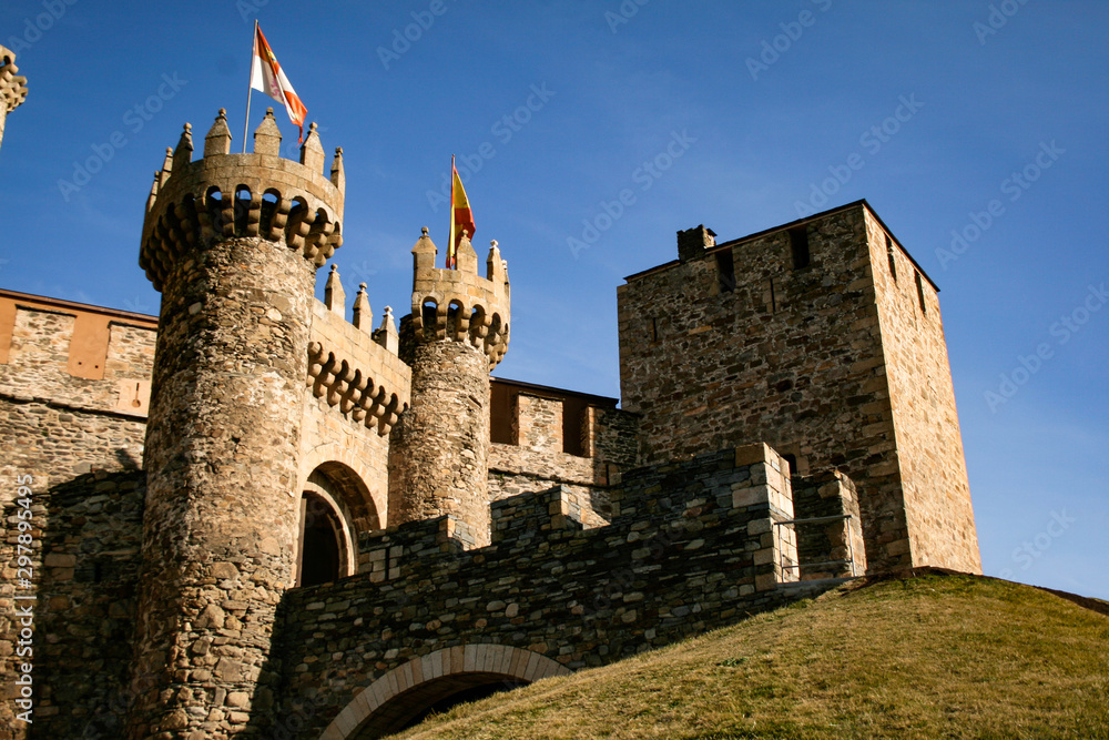 Main facade of the Templar castle of Ponferrada, Leon, Spain