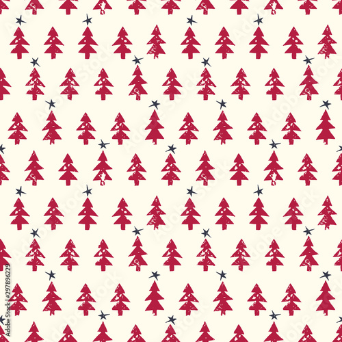Christmas Rustic Festive Hand-Stamped Fir Trees and Stars Vector Seamless Pattern