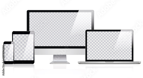 Mockup of Realistic Computer, Laptop, Tablet and smartphone with Transparent Wallpaper Screen Isolated. Set of Device Mockup Separate Groups and Layers. Easily Editable Vector. Vector illustration