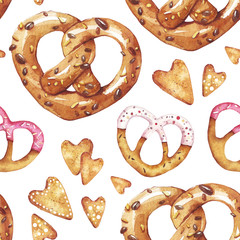 Wandcirkels Aquarel prints patronen Pretzels hearts. St. Valentine day. Seamless pattern. Love. Food. Perfect for greetings, invitations, manufacture wrapping paper, textile and web design. Watercolor seamless pattern.   © BloomPix