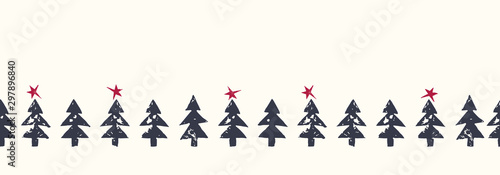 Christmas Rustic Festive Hand-Stamped Fir Trees and Stars Vector Seamless HorizontalBorder Pattern