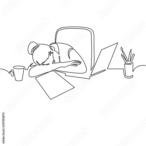 Girl sleeping on desk continuous one line drawing . Tired woman, freelancer leaning on table cartoon character.