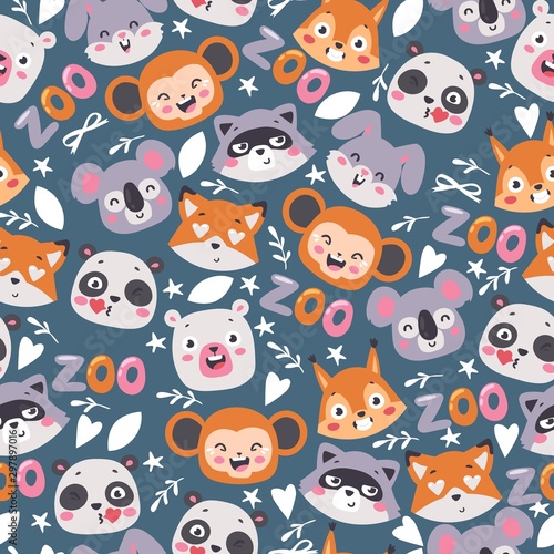 Zoo animals seamless pattern, vector illustration. Cute cartoon characters, smiling faces of raccoon, panda, koala, fox and monkey. Funny animals print design