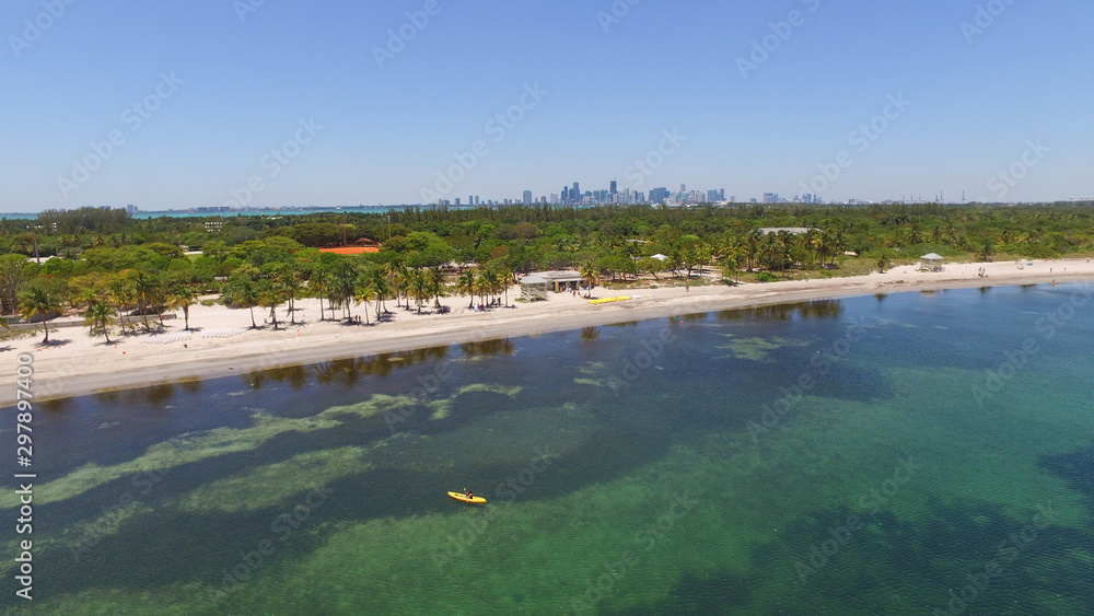 Areal views of watersports and kayak in beautiful Florida with Miami Skyline