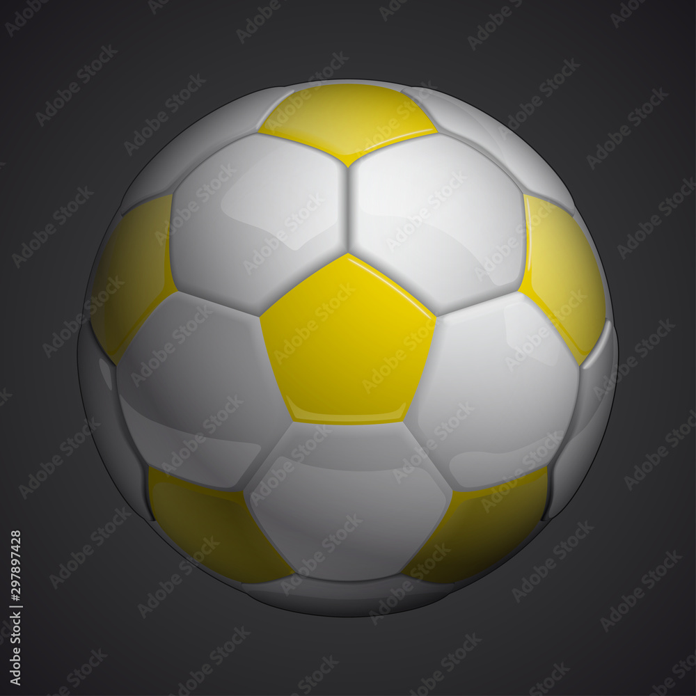 Football championship Design banner. Illustration banner with logo Realistic yellow glossy soccer ball Isolated on background. yellow classic leather football ball