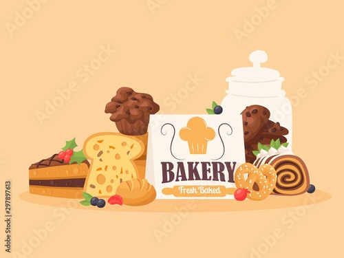 Bakery products, vector illustration. Poster for bakeshop, delicious cakes and cookies, fresh baked bread. Pastry cafe menu cover, homemade desserts selection