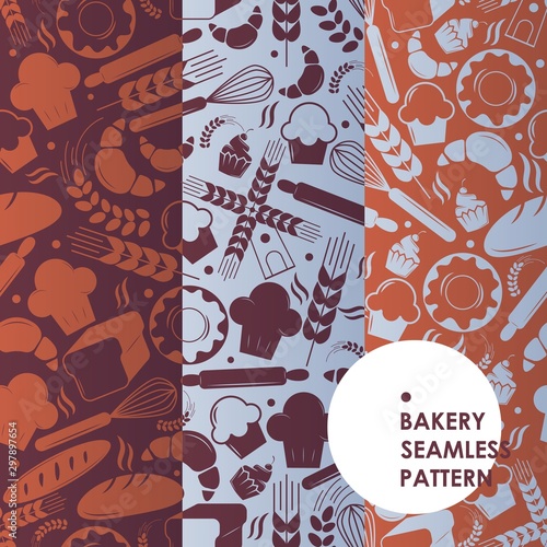 Bakery icons seamless pattern, vector illustration. Bakehouse symbols, fresh bread and tasty cakes. Graphic pastry items, wrapping paper for bakeshop packaging