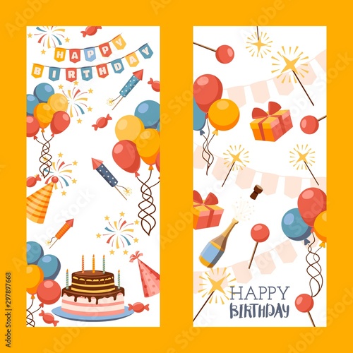 Happy birthday banner, vector illustration. Greeting card, gift tag, invitation to birthday party celebration. Website banner decorated with colorful balloons