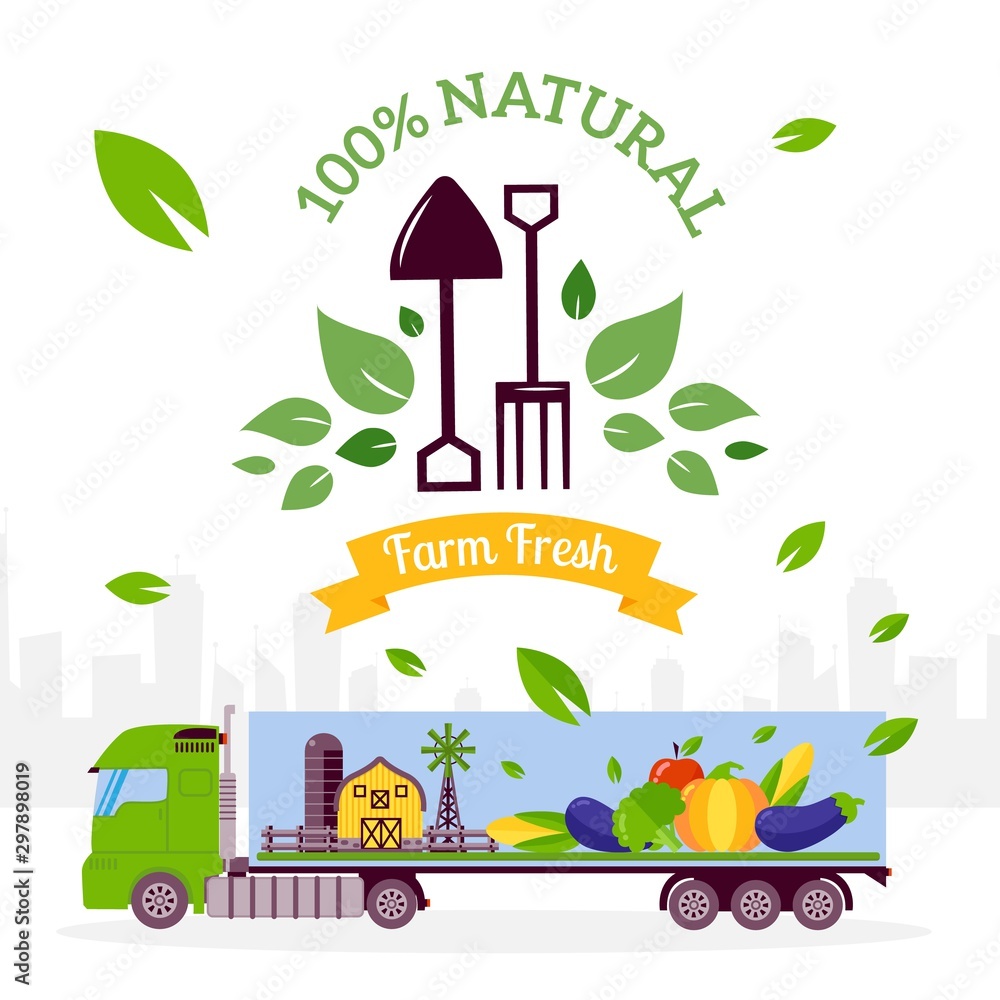 Natural food transportation, vector illustration. Truck delivers eco