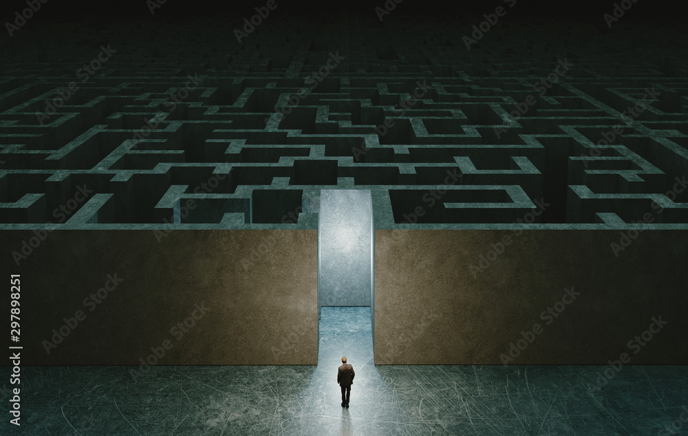 Businessman standing in front of the entrance to the maze. 3d rendering - obrazy, fototapety, plakaty 
