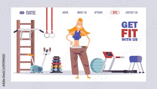 Fitness studio website design, vector illustration. Gym landing page concept, weight loss program with personal trainer and group training class
