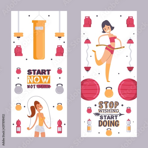 Motivational fitness banner, vector illustration. Advertising campaign to invite new gym members, inspiration to start exercising. Newsletter fitness club for women