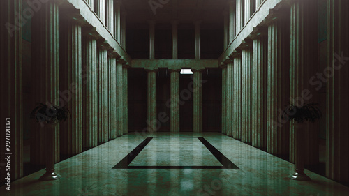 Abandoned assembly hall, empty room, 3d rendering