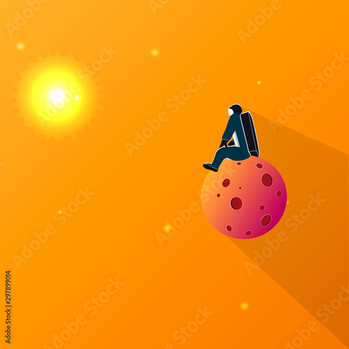 An astronaut is resting on the planet. Spaceman in space, admiring the universe. Vector illustration