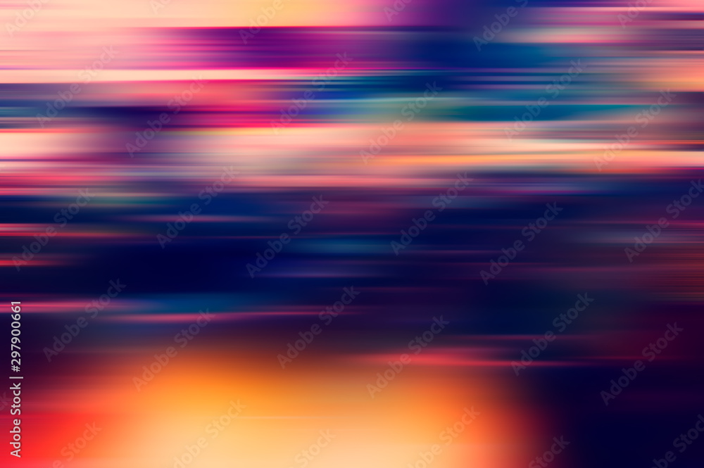 Abstract blurred background of multi-colored lines and dark purple horizontal lines and bright light spots. Abstract blurred background of multi-colored lines and dark purple horizontal lines and bright light spots.