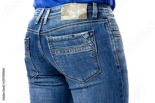 texture, blue men's jeans, men's ass covered with jeans close-up, back pocket jeans photo