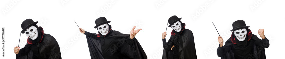 Man in horror costume with mask isolated on white Man in horror costume with mask isolated on white