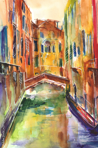 Obraz malowany recznie akwarelą przedstawiający kanał z gondolą w Wenecjii