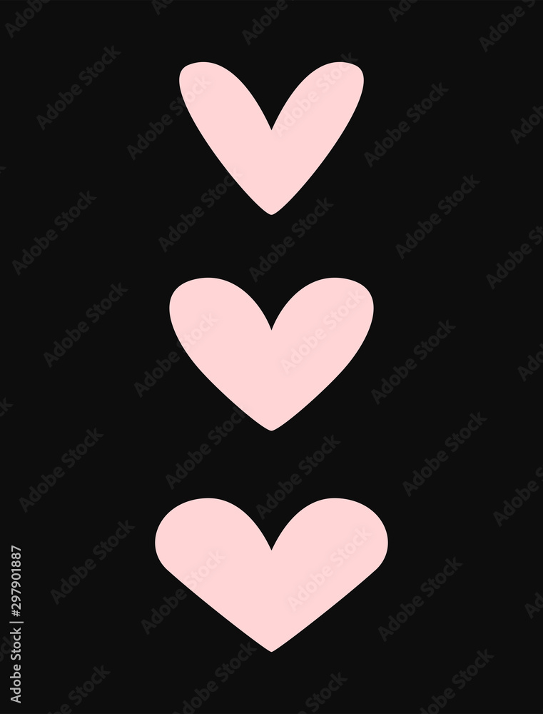 Set of flat hearts. Pink icons on black background. Simple vector illustration.
