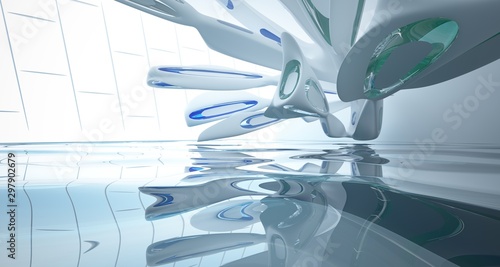 Abstract smooth architectural white interior with color gradient glass sculpture with water and large windows. 3D illustration and rendering.